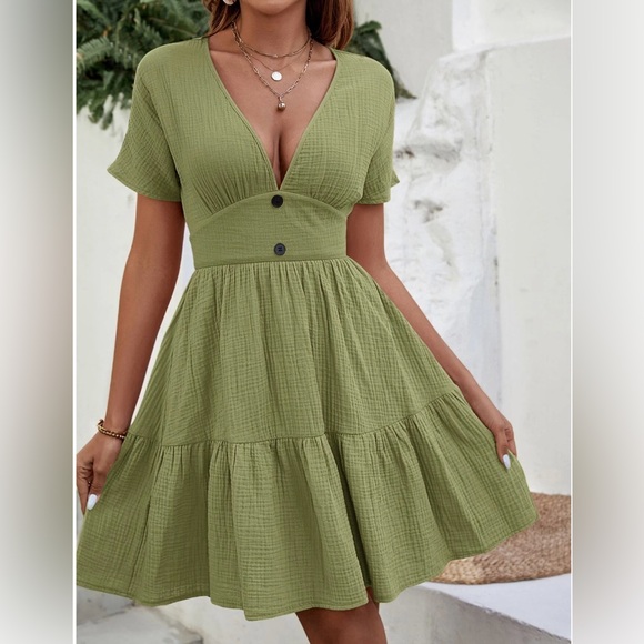 Cotton Plunging Neck Ruffle Hem Dress - Picture 2 of 10